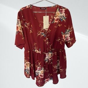 Bloomchic Maroon Floral Print Shirred Plicated Detail Blouse ~ HP 🎉